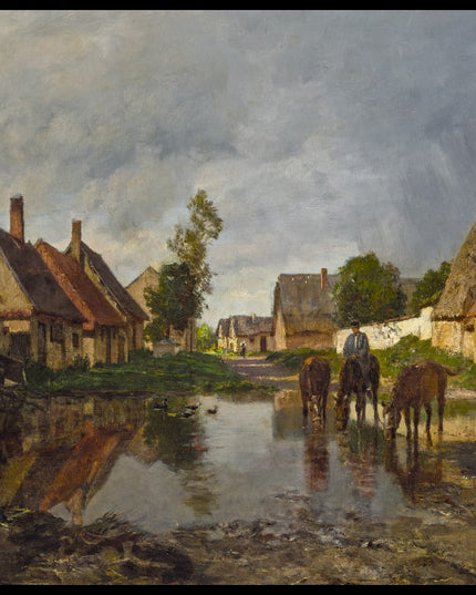 Dorfstraße mit trinkenden Pferden