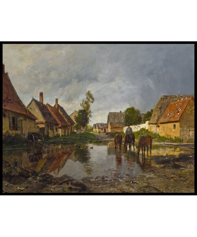 Dorfstraße mit trinkenden Pferden