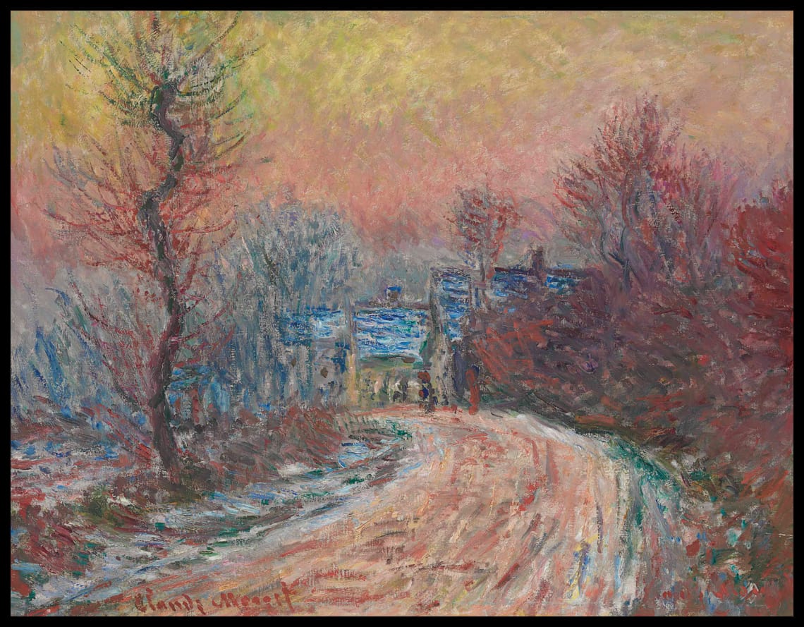 Entrée de Giverny en hiver, soleil couchant