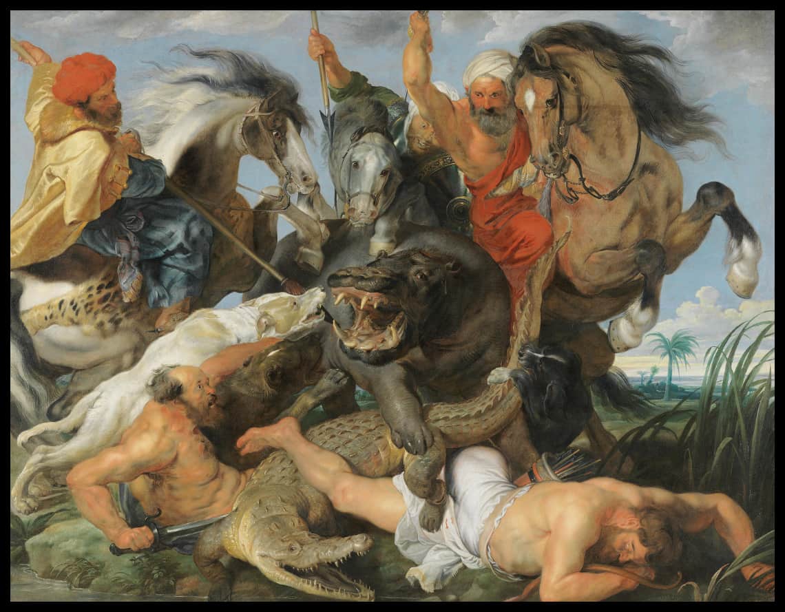 Jagd auf Nilpferd und Krokodil