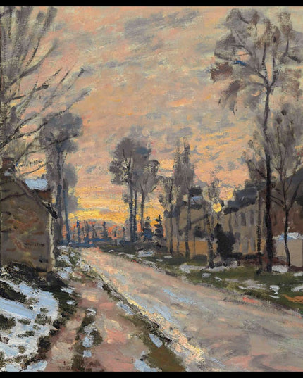 Route à Louveciennes, neige fondante, soleil couchant