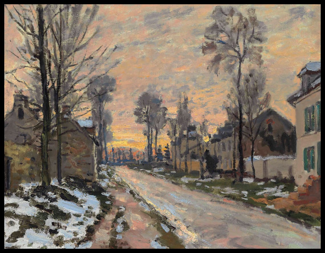 Route à Louveciennes, neige fondante, soleil couchant
