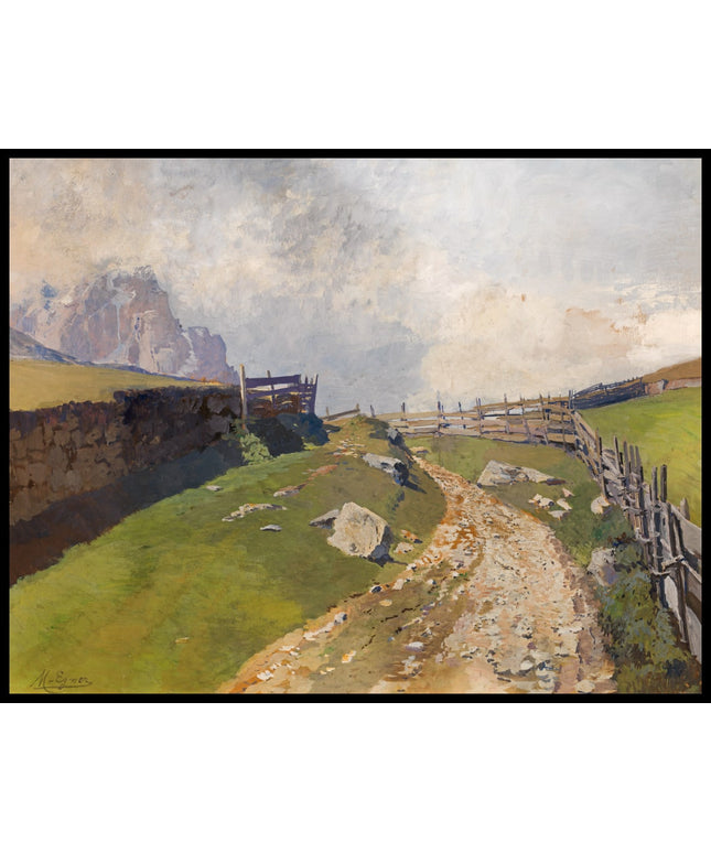 Wegbiegung und Zaun, dahinter das Grödner Joch