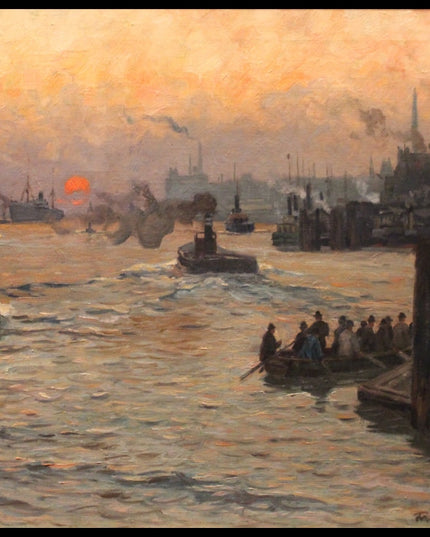 Wiederkehrende Werft- und Hafenarbeiter im Hamburger Hafen am Abend