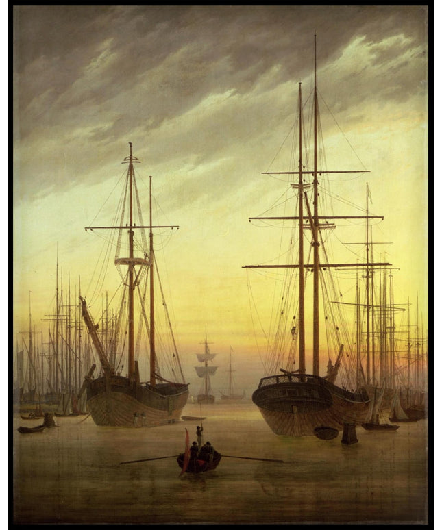 Ein Kunstdruck von Schiffen in einem Hafen bei Sonnenuntergang