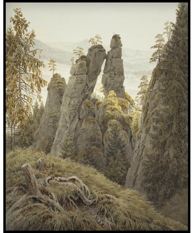 Ein Kunstdruck von Felsformationen und Bäumen