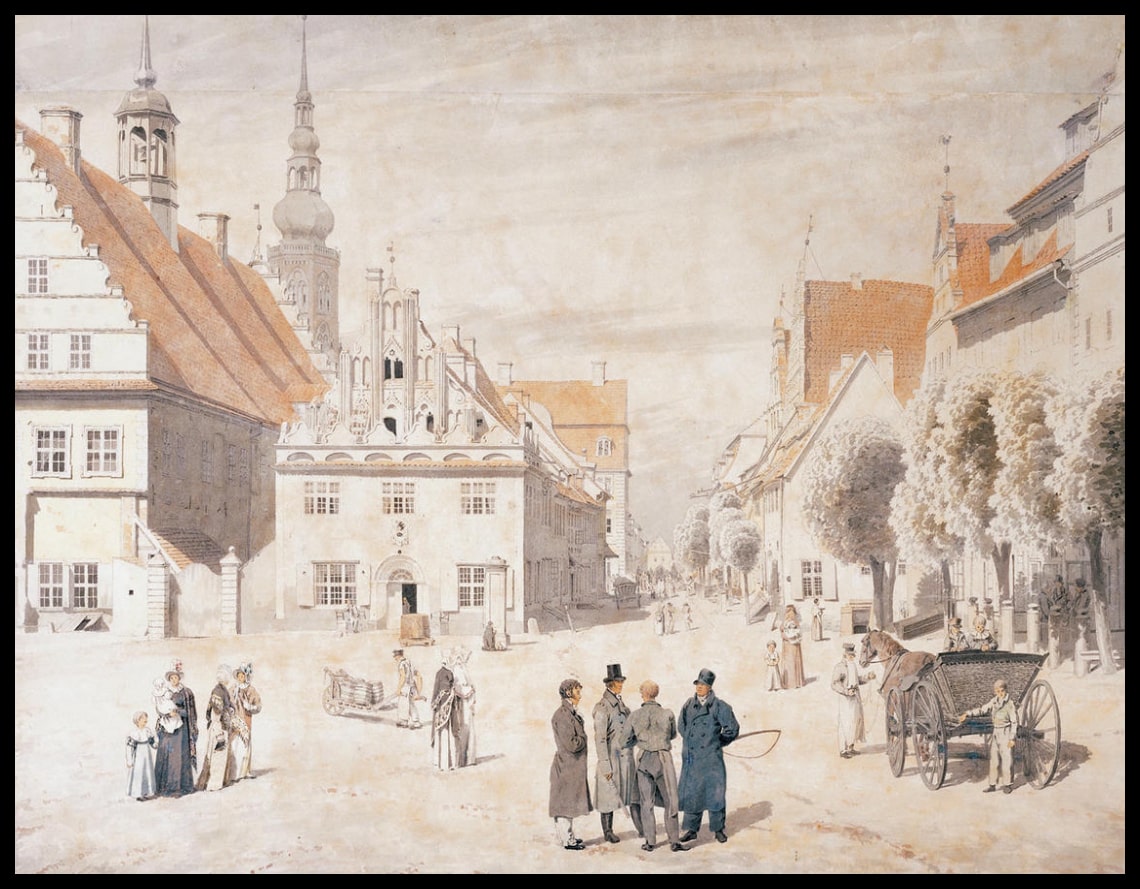 Ein Kunstdruck von mehreren Menschen und einer Kutsche auf einem Marktplatz in Greifswald