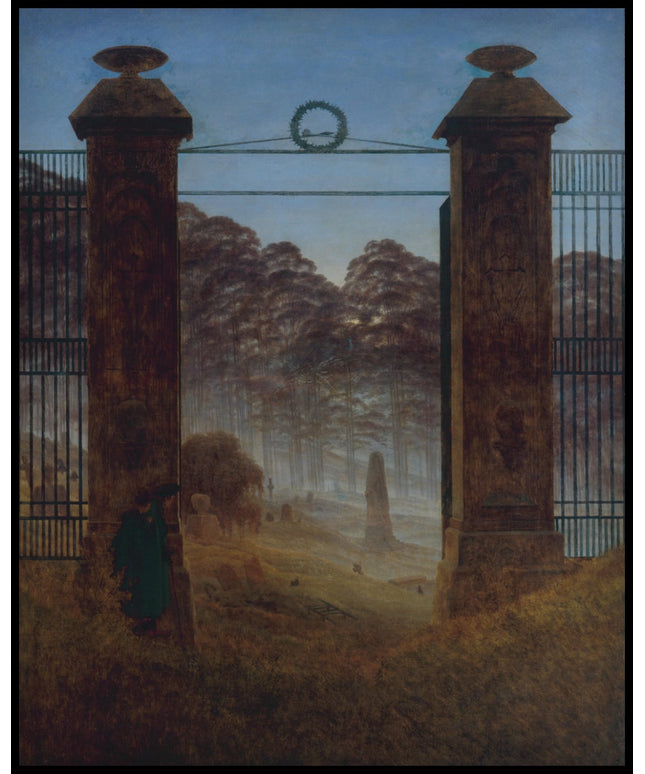 Ein Kunstdruck von einem Friedhofseingang, gerahmt von schweren Toren und einem Blick in die Natur