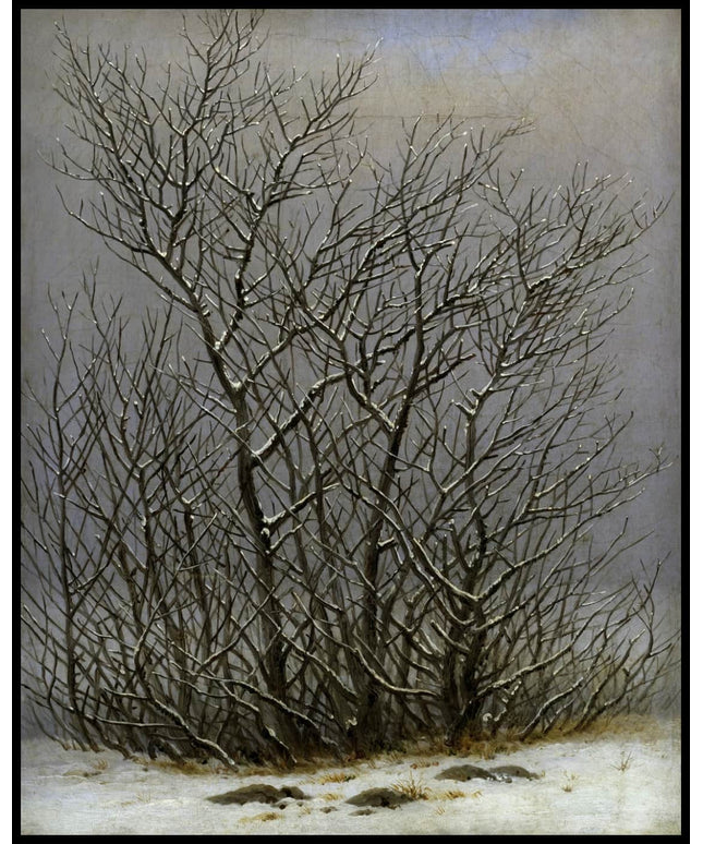 Ein Kunstdruck zeigt ein feines, schneebedecktes Gebüsch auf karger Winterlandschaft