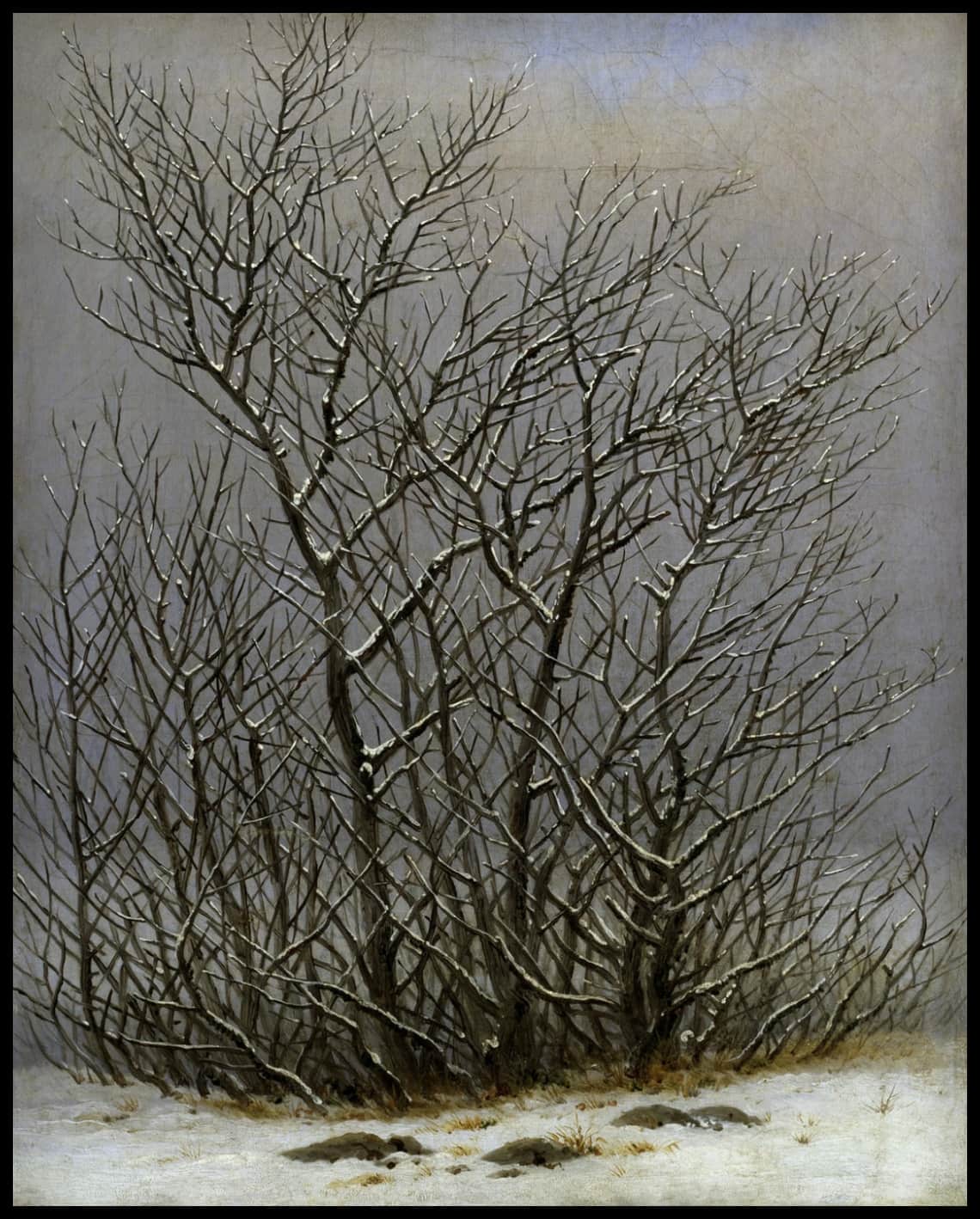 Ein Kunstdruck zeigt ein feines, schneebedecktes Gebüsch auf karger Winterlandschaft