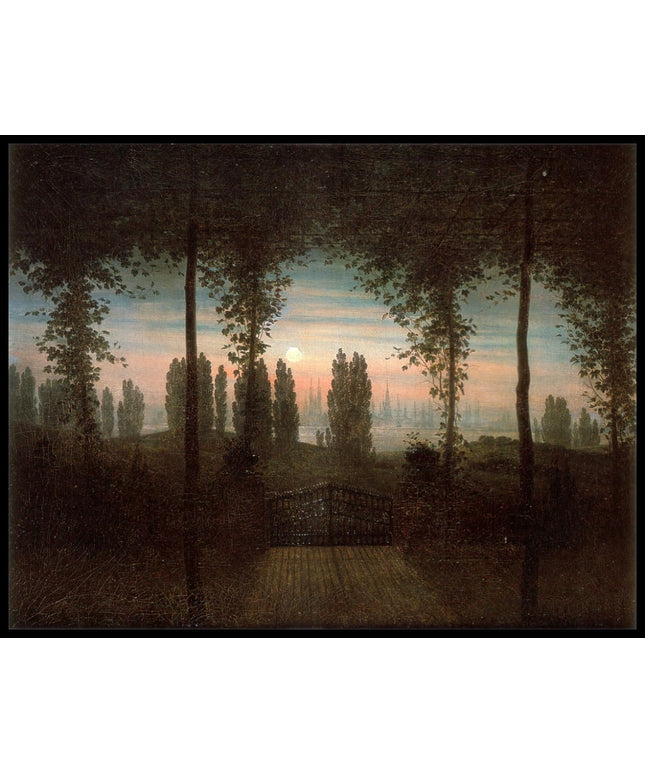 Ein Kunstdruck von einer eisernen Zauntür und einer weiten Landschaft