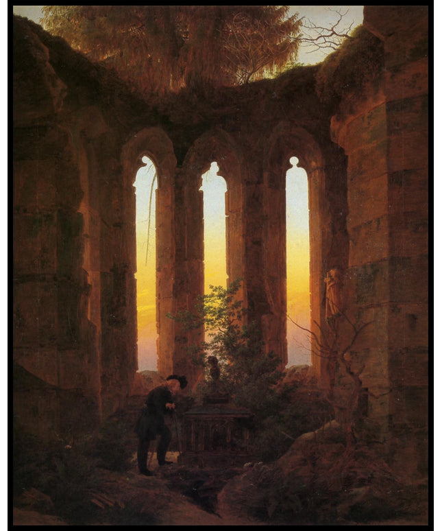 Ein Kunstdruck einer melancholischen Szene mit Ruinen und einem Grabmal bei Sonnenuntergang