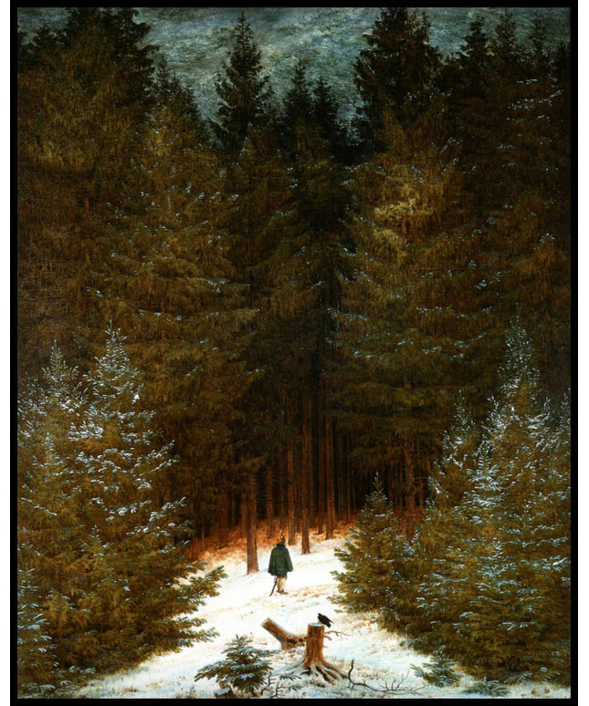 Ein Kunstdruck eines verschneiten Waldes mit einem Jäger auf einem Weg, der in einen dichten Tannenwald führt