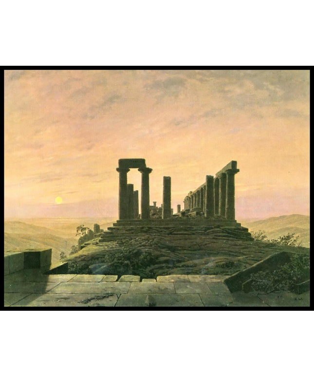 Ein Kunstdruck von einer antiken Tempelruine auf einem Felsen in bergigem Gelände