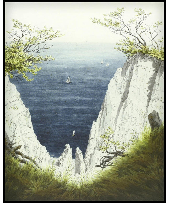 Ein Kunstdruck mit einer malerischen Darstellung der Kreidefelsen auf Rügen, mit Blick auf das Meer