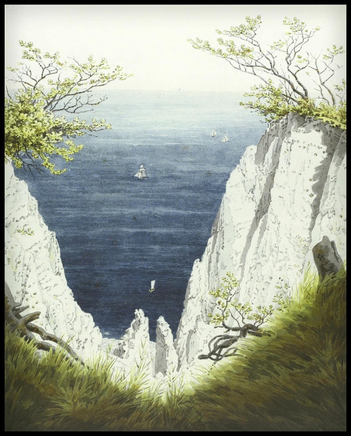 Ein Kunstdruck mit einer malerischen Darstellung der Kreidefelsen auf Rügen, mit Blick auf das Meer