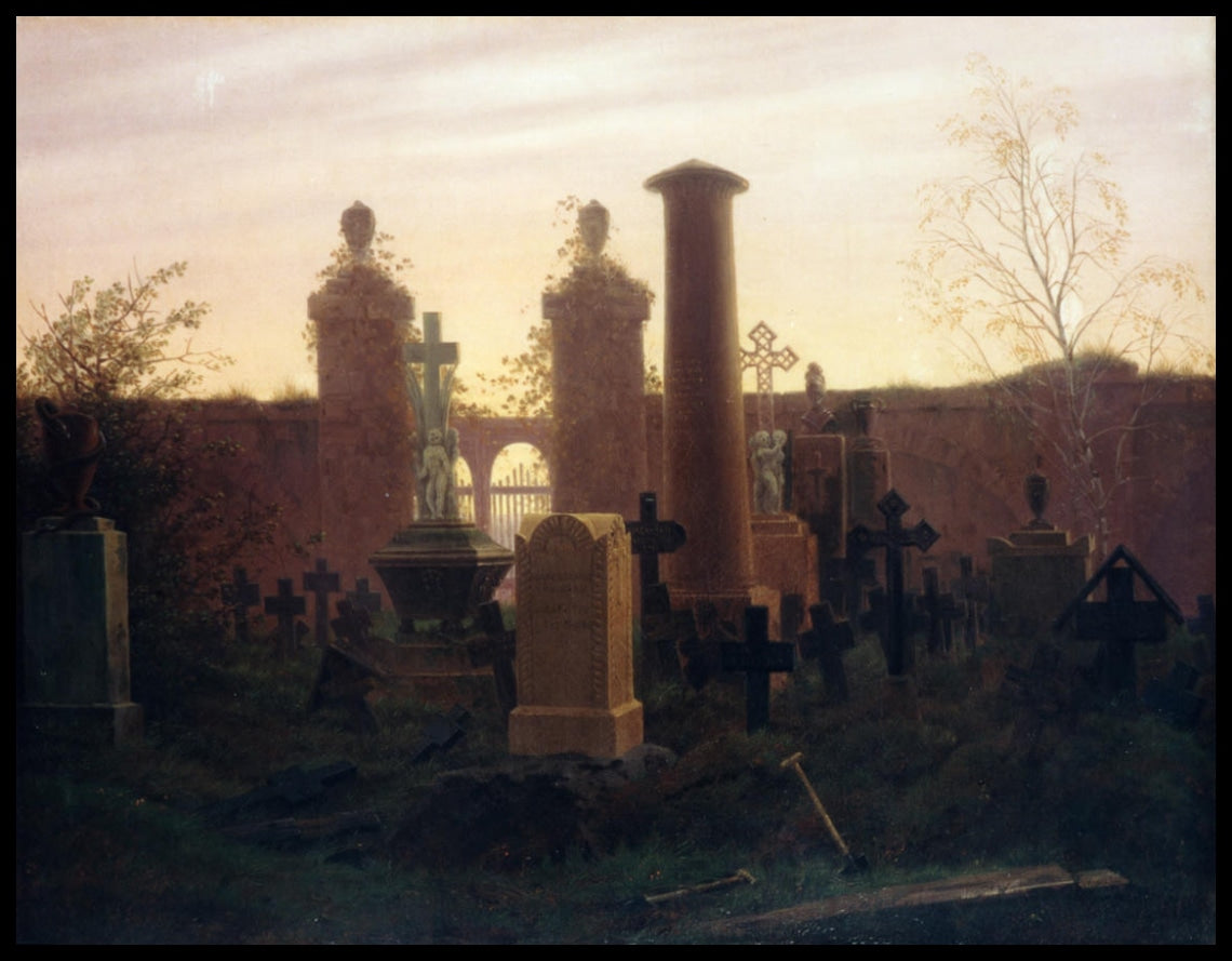 Ein Kunstdruck von einem Friedhof mit einigen Gräbern und dem Sonnenuntergang im Hintergrund