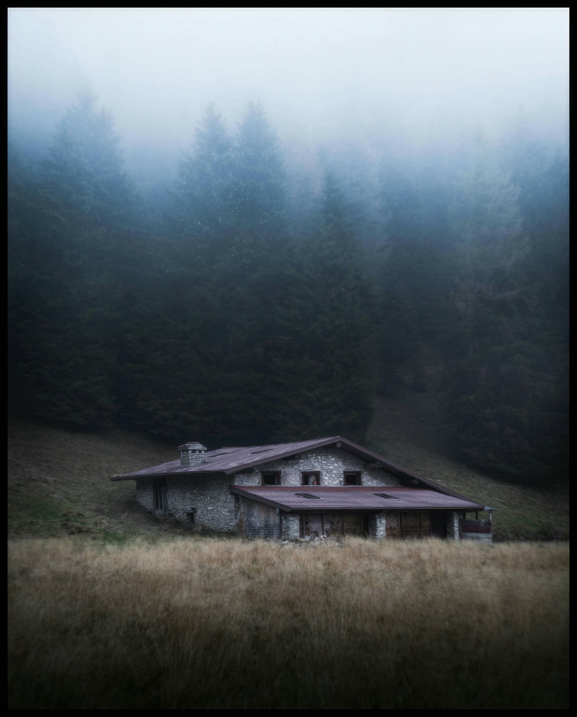 Ein Leinwandbild von einer einsamen Hütte im Nebel, umgeben von hohen Bäumen.