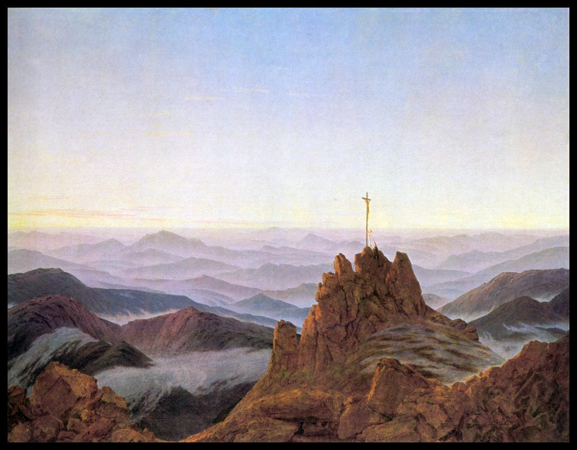 Ein Kunstdruck von einem Gipfelkreuz und einem weiten Blick in das Riesengebirge