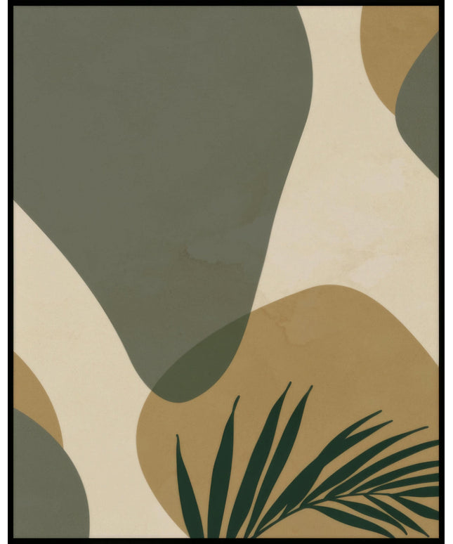 Ein Poster von abstrakten erdfarbenen Formen mit einer Palme im Vordergrund.