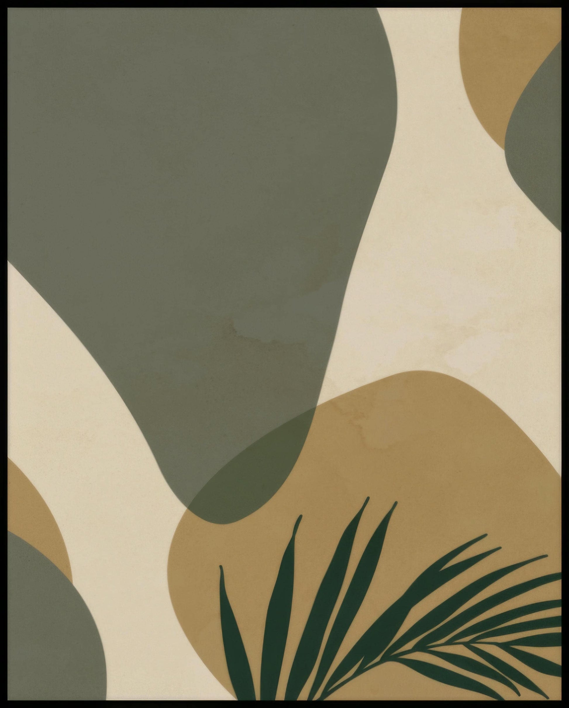 Ein Poster von abstrakten erdfarbenen Formen mit einer Palme im Vordergrund.