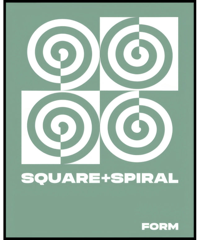 Ein Poster von vier Quadraten, jeweils mit einer weißen Spirale auf grünem Hintergrund.