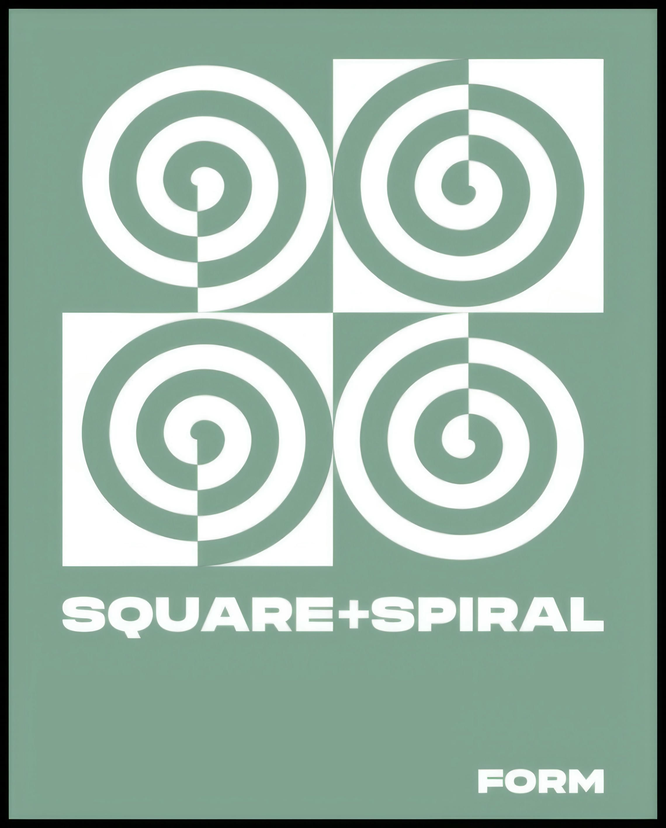 Ein Poster von vier Quadraten, jeweils mit einer weißen Spirale auf grünem Hintergrund.