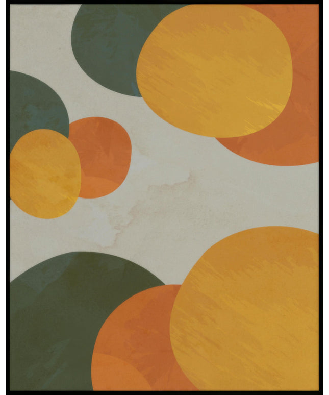 Ein Poster von abstrakten runden Formen in Orange und Grün auf beigem Hintergrund.