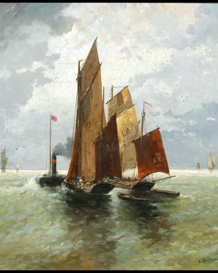 Dampfschiff und Fischer auf hoher See