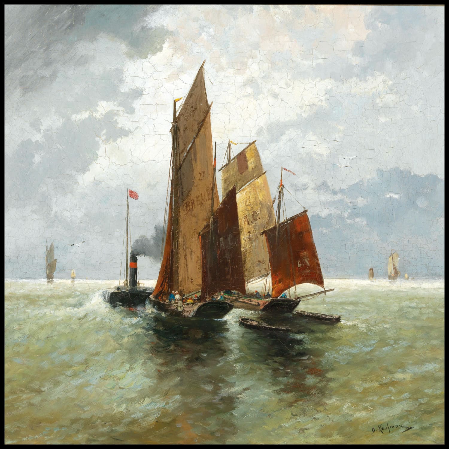 Steamship and fishermen on the high seas