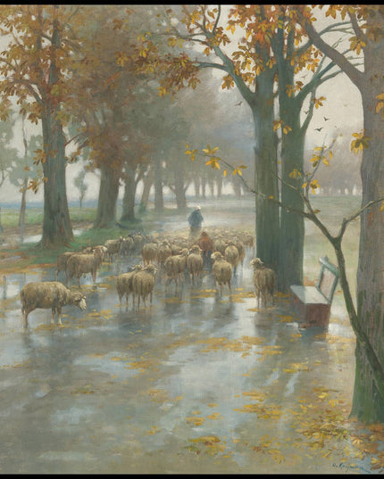 Flock of Sheep with Shepherdess on a rainy Day