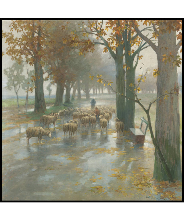 Flock of Sheep with Shepherdess on a rainy Day