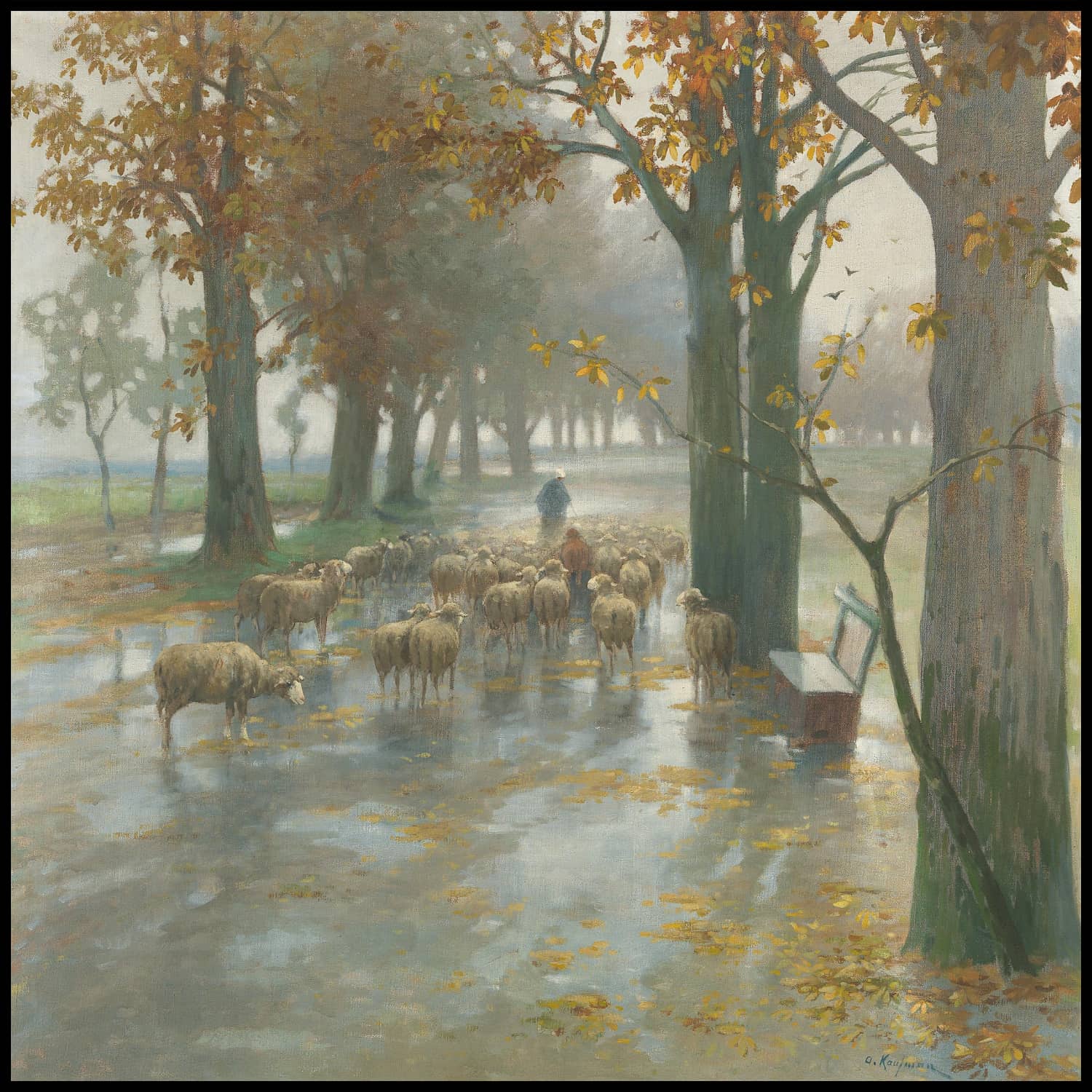 Flock of Sheep with Shepherdess on a rainy Day