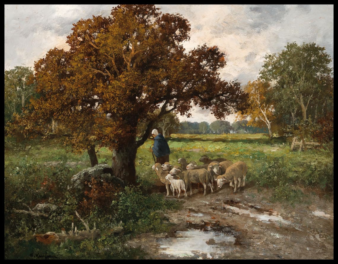 Shepherdess with flock of sheep