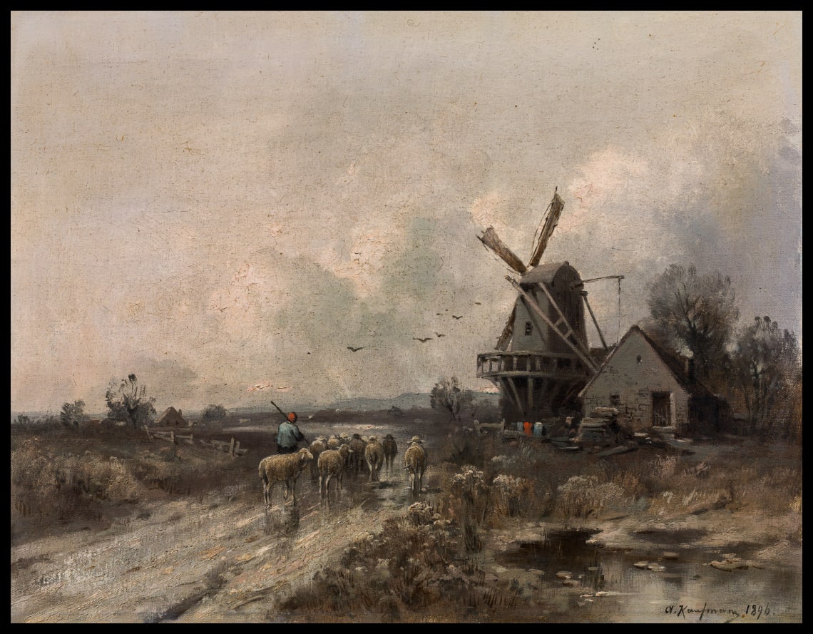 Landscape with flock of sheep and windmill