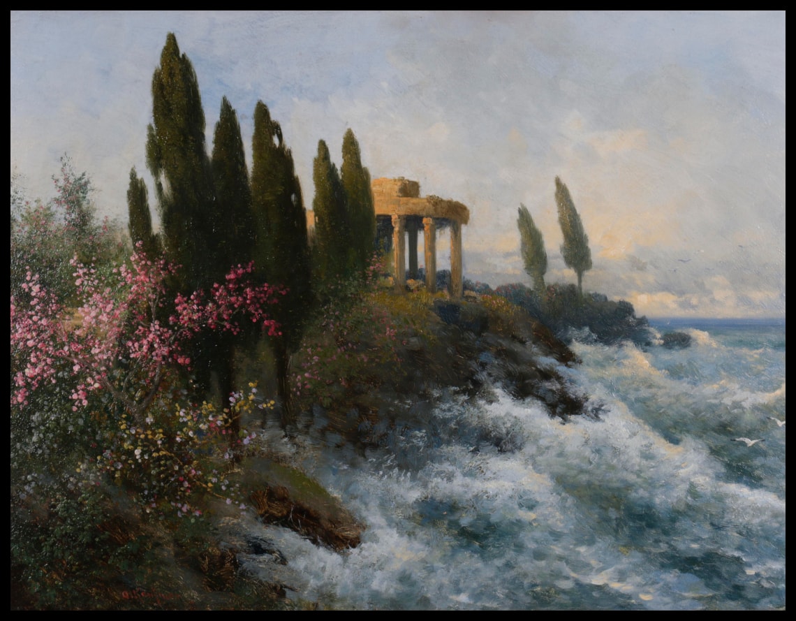 Mediterranean landscape with ancient temple