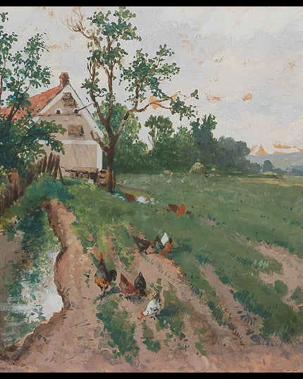 Scheune, nasser Acker und Hühner