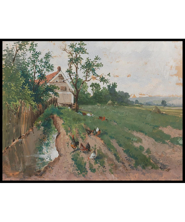 Scheune, nasser Acker und Hühner