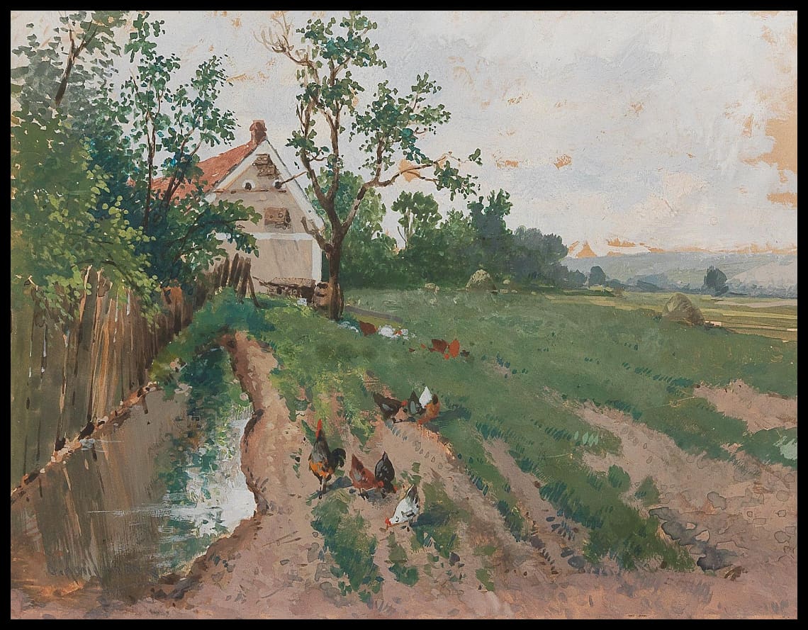 Barn, wet field and chickens