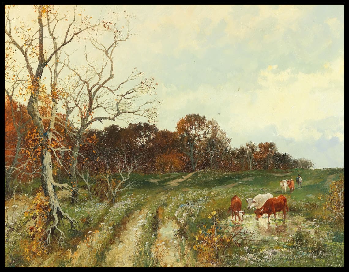 Summer landscape with grazing cows
