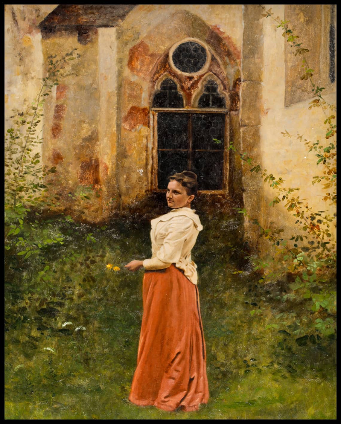 Dreamy lady in the monastery garden