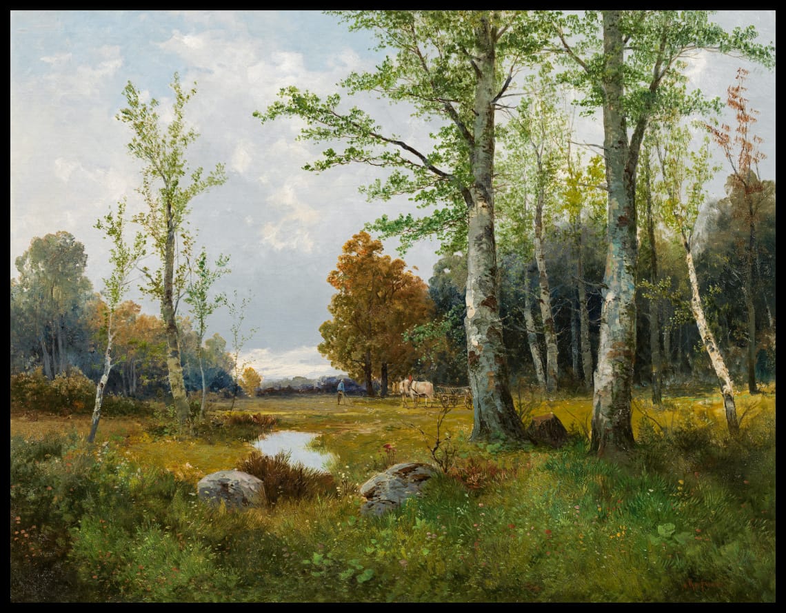 Forest landscape with horse-drawn carriage