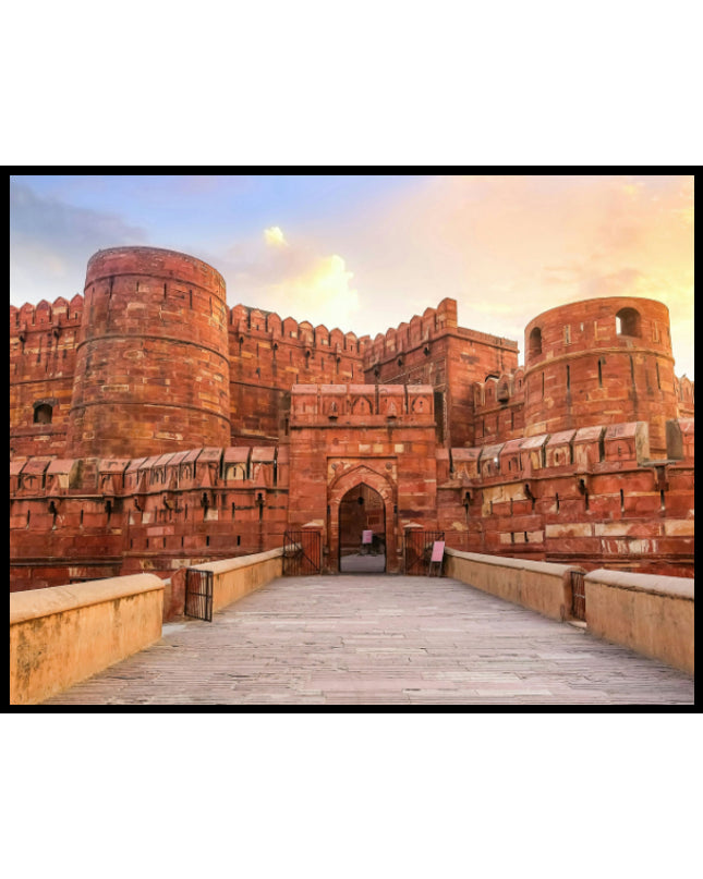 Ein Poster vom Agra Fort in Indien bei Sonnenuntergang.