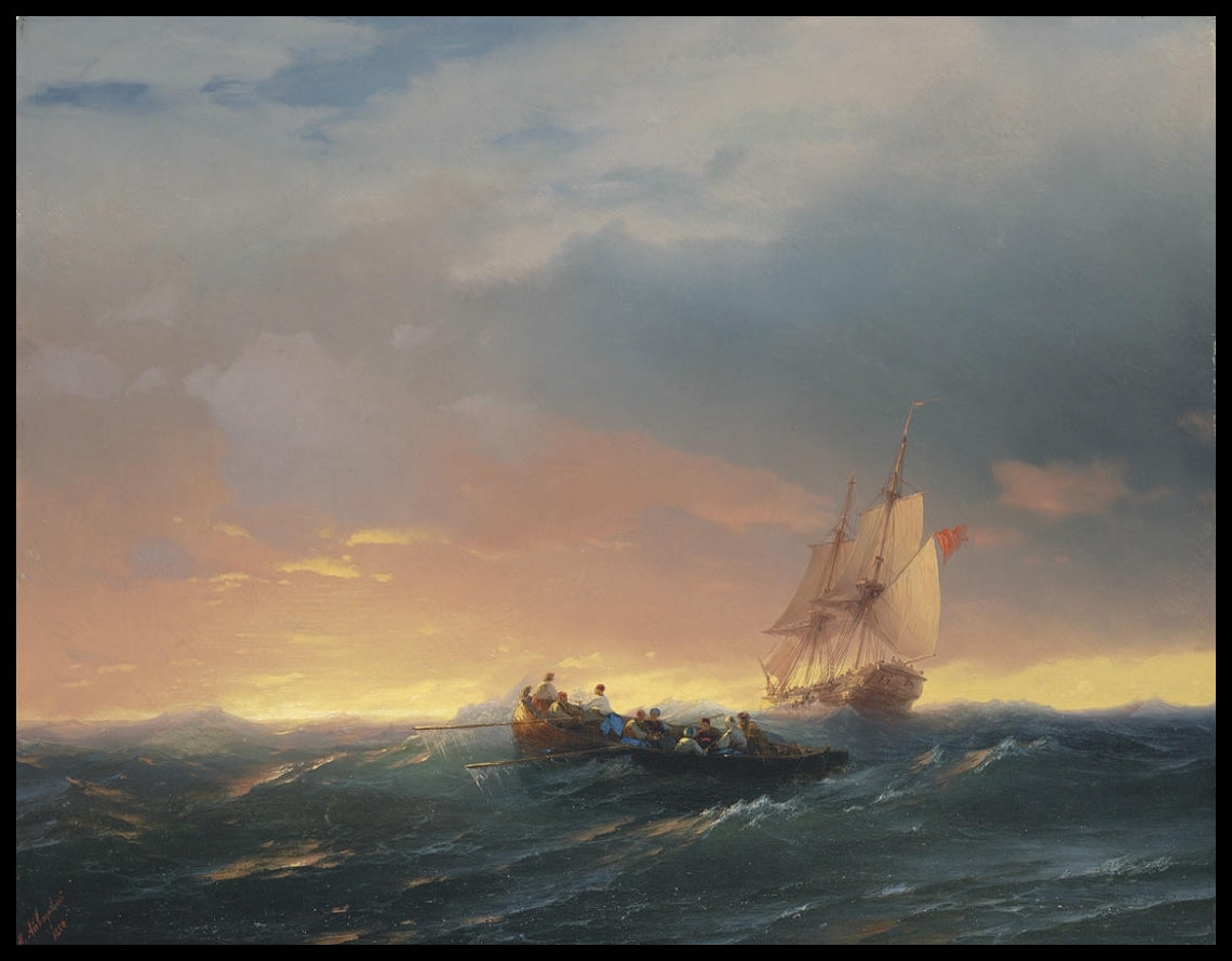 Vaisseaux dans une houle au coucher du soleil