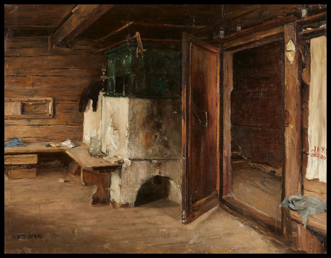 Farmhouse parlor with green stove