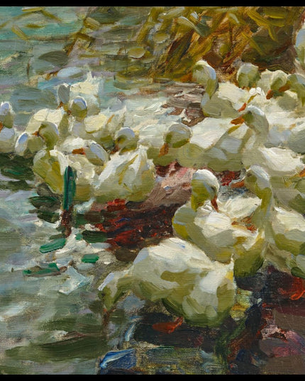 Einundzwanzig weisse Enten im Wasser