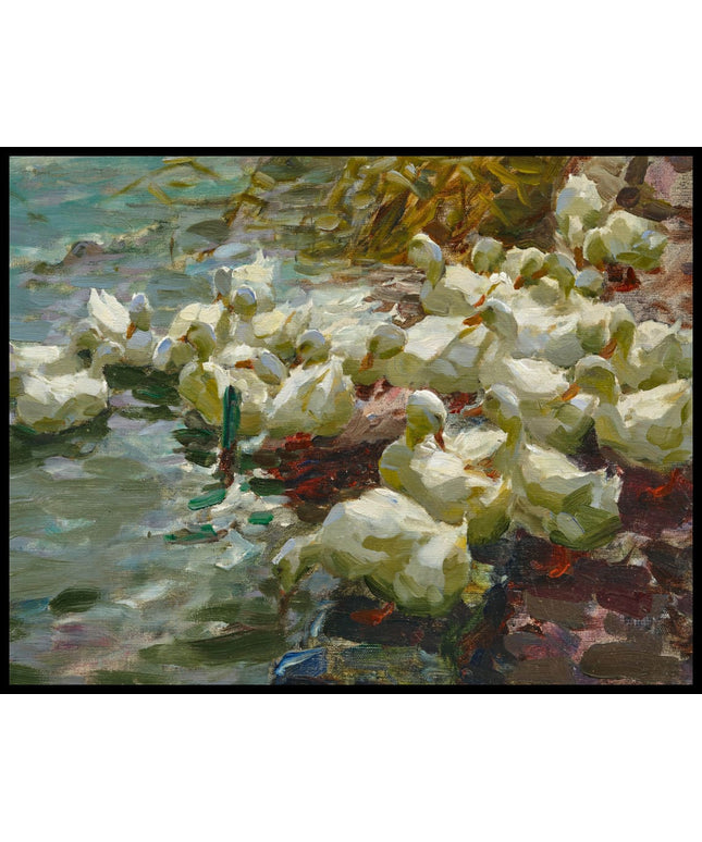 Einundzwanzig weisse Enten im Wasser