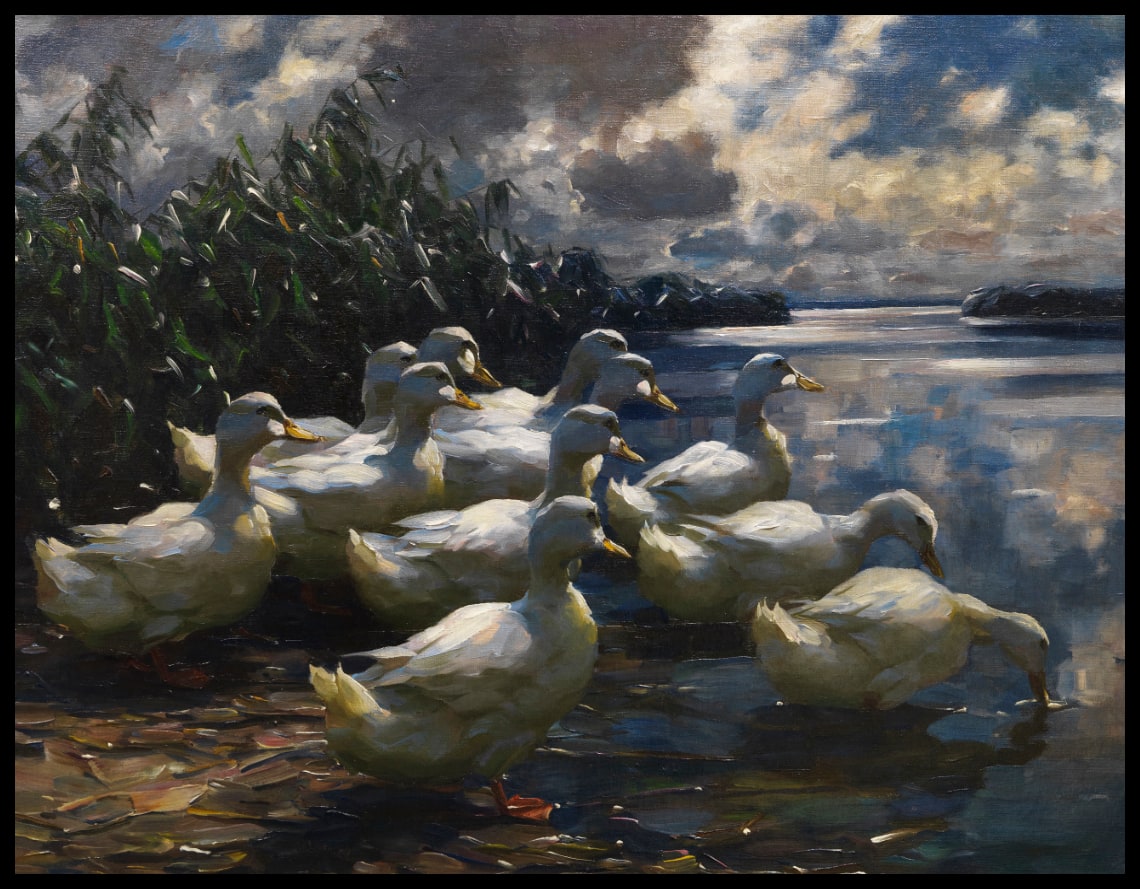 Eleven ducks in the morning sun
