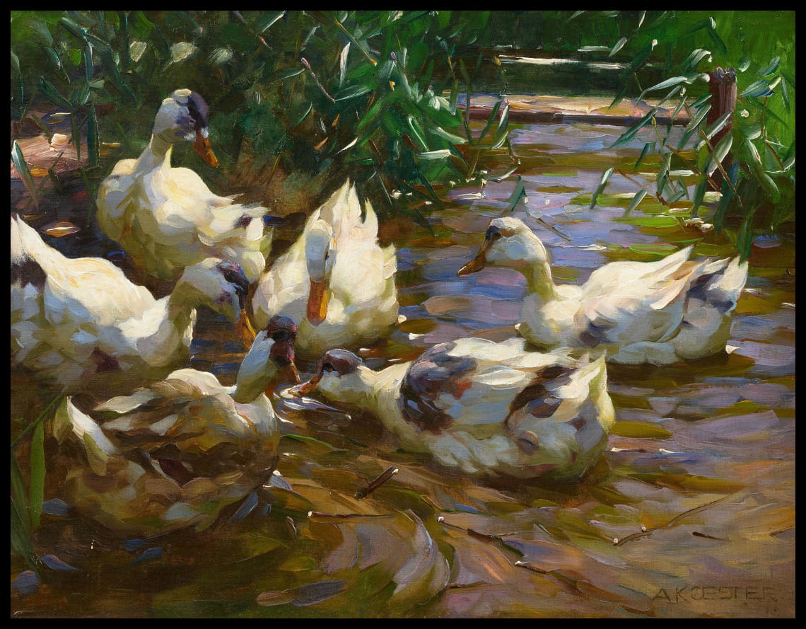 Six ducks in blue reed water