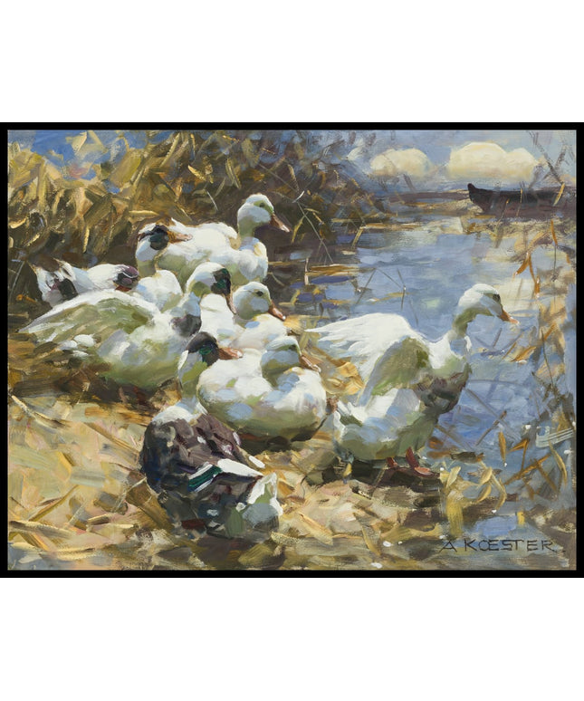 Sieben Enten am Ufer